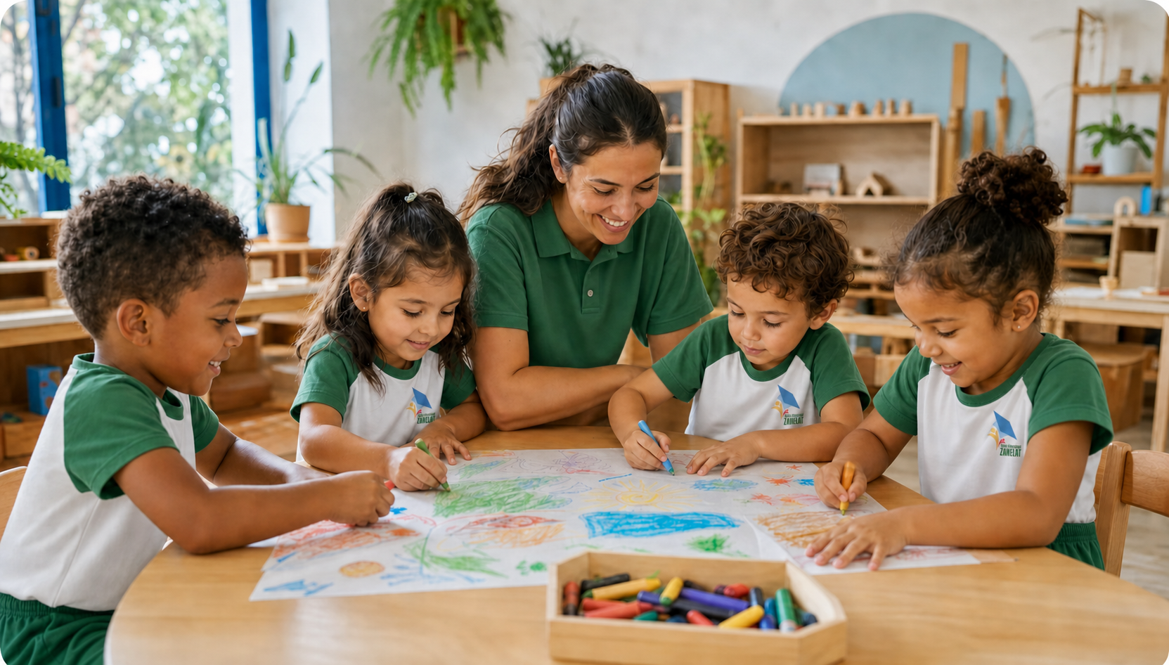 Crianças uniformizadas em atividade criativa na educação infantil