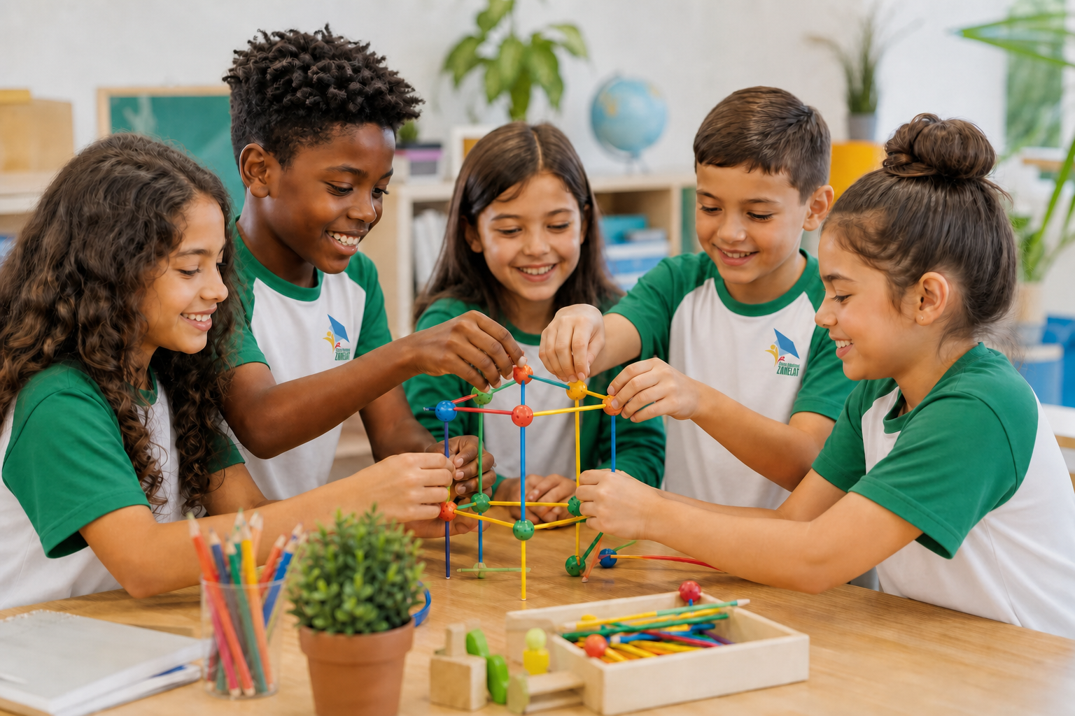 Alunos uniformizados do ensino Fundamental I em atividade prática