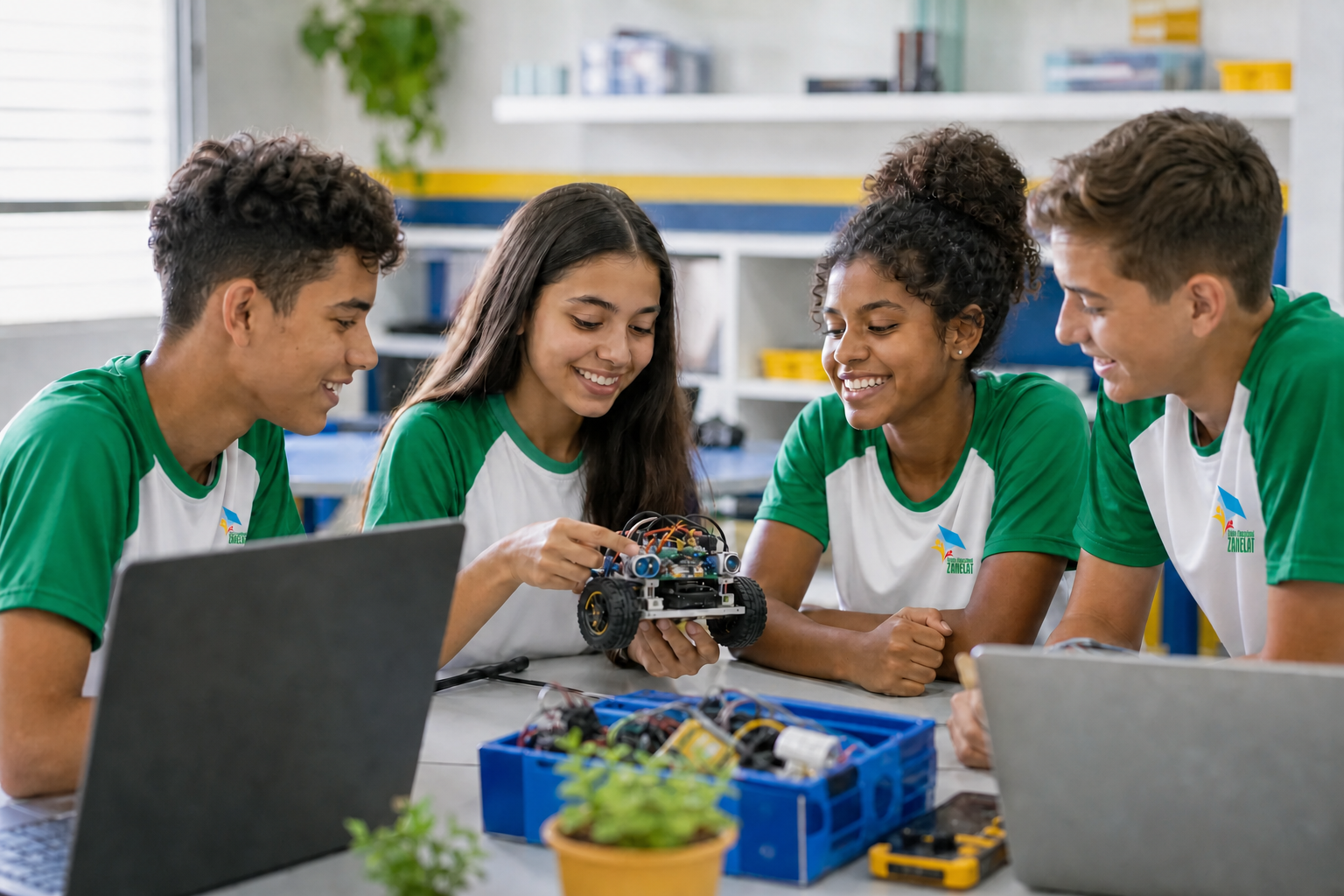Alunos uniformizados do ensino Fundamental II em atividade de robótica